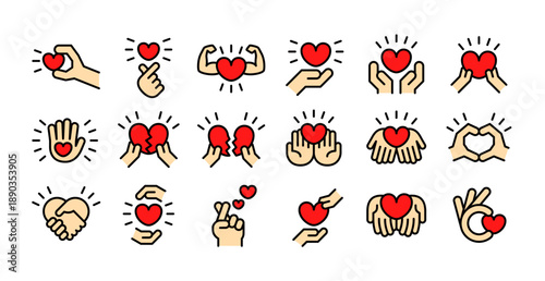 ハートと手の様々な組み合わせのイラストレーション