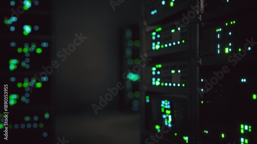 Bright green and blue lights pulse rhythmically from servers inside a dimly lit data center. The atmosphere feels cool and futuristic, showcasing technology at its finest.