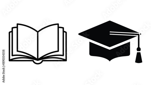 Simple black and white icons representing an open book and a graduation mortarboard cap symbolize learning achievement