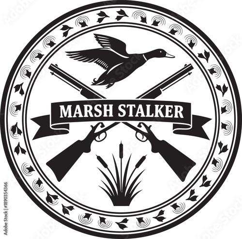 Ducks and Shotguns Emblem in Circular Design Representing Marsh Stalker