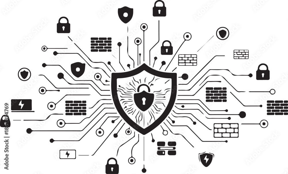 Fototapeta premium Cybersecurityconceptwithshieldandlockiconsconnectedtocircuitboarddesignelements