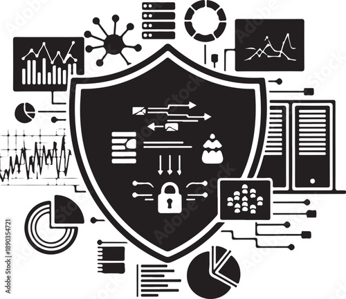 Cyber security concept with shield and data protection icons isolated on transparent background