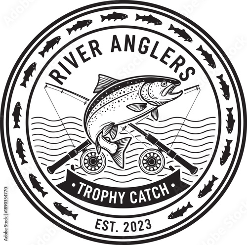 Fishing Trophy Illustration Featuring Anglers and River Scene with Catch