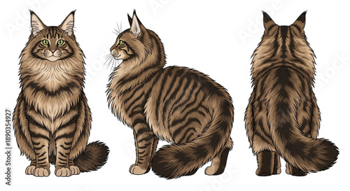 Detailed Vector Illustration of a Majestic Brown Tabby Maine Coon Cat in Three Poses (Front, Side, and Back View) Isolated on White Background for Pet Graphics and Branding.