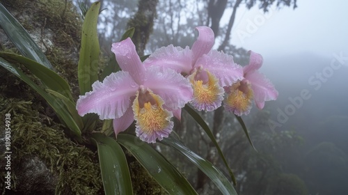 Orchid Pink Blooms on Mossy Branch in Foggy Forest