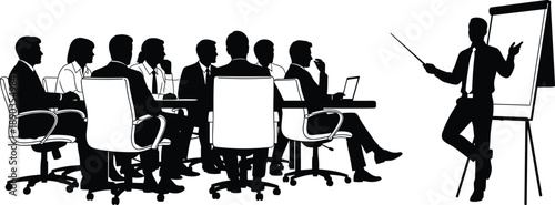 Business meeting silhouettes, corporate presentation vector, professional teamwork illustration, office training , strategic planning graphic, flavector