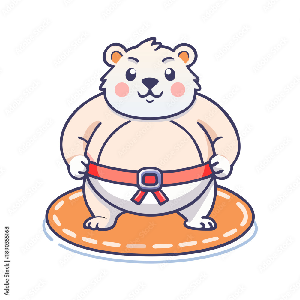 Fototapeta premium A tiny, round fluffy hamster wearing a traditional sumo belt, standing in a strong wrestling stance on a circular mat.
