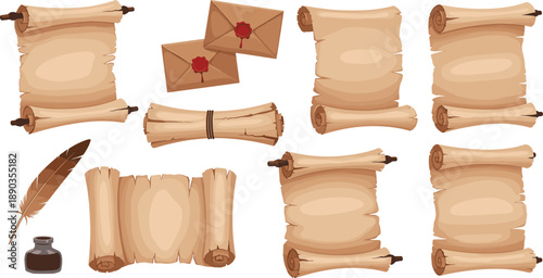 Vintage parchment scroll and old letter set with envelopes, feather quill and ink bottle vector illustration
