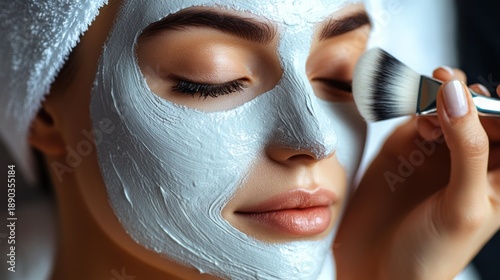 Woman Applying Pale Blue Facial Mask with Brush in Spa Setting