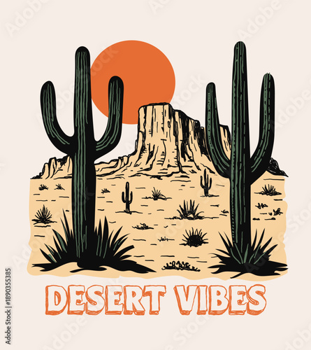 Hand drawn Vintage Desert t-shirt design. desert cactus mountain graphics. girls boys men's women's graphic design. desert cowgirl slogan text prints.