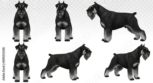 Giant Schnauzer Dog Breed Poses: Realistic 3D Render Illustration Set Featuring Six Views, Including Frontal and Profile Stances, Isolated on Transparent Background for Design and Pet Graphics.