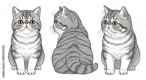 Detailed Vector Illustration of an Exotic Shorthair Cat with Silver Tabby Markings in Three Different Poses: Front View, Side View, and 3/4 Profile. Perfect for Pet Care and Veterinary Graphics.