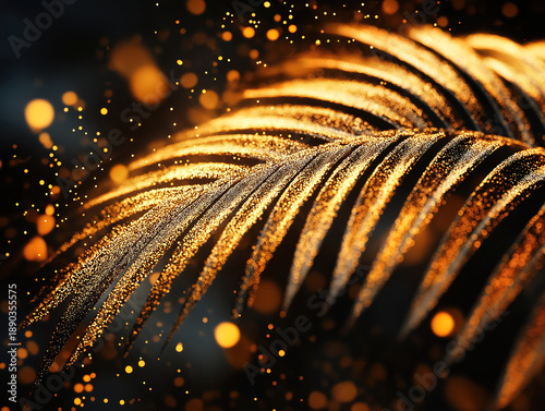 Glowing Golden Particles Arranged in a Palm Frond Shape