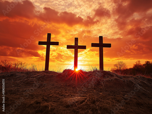 Dramatic Sunset Illuminating Three Wooden Crosses in Silhouette