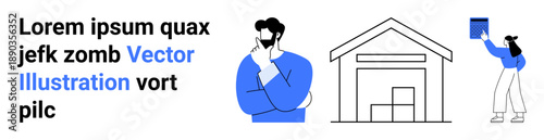 Business strategy, decision-making, architecture, teamwork, productivity, ecommerce. Outline figure thinking and holding chin next to building and action-oriented individual. Business strategy