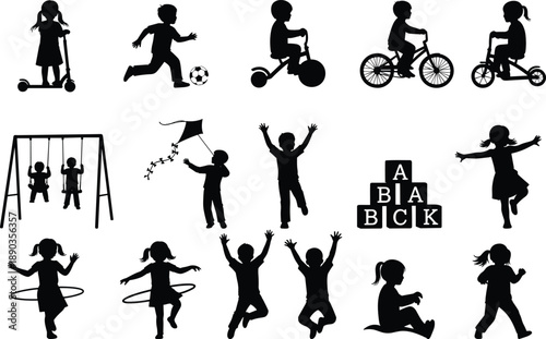 Children activity silhouettes, playful movement vector, outdoor recreation illustration, childhood development , educational play graphic, flavector