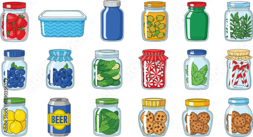 Glass jars collection with preserved fruits vegetables herbs cookies and beverages vector illustration set