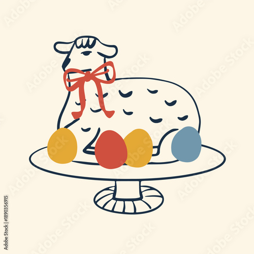 Easter retro illustration. Line art cake lamb with ribbon bow. Vintage-greeting cards or posters.