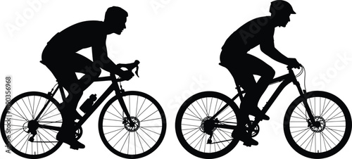 Cycling silhouette comparison, road and mountain bike vector, rider posture illustration, sports gear , active lifestyle graphic, flavector