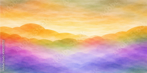 A beautiful sunset sky featuring dramatic orange and red clouds over an abstract colorful watercolor landscape with bright sunlight and blue heaven at dusk