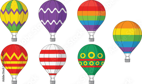 Colorful hot air balloon vector set with different patterns and rainbow designs for travel and adventure illustration