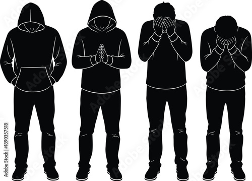 Hooded figure silhouettes, emotional expression vector, contemplation pose illustration, mental health concept graphic, solitude design, flavector