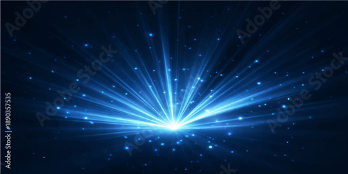 A glowing blue abstract background features a bright energy burst with shining stars and laser rays flashing across a dark night sky space design