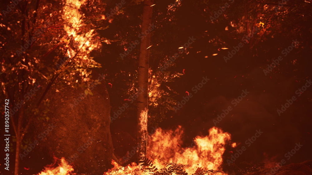 Obraz premium Intense flames dance among trees as the sun sets, casting an orange hue throughout the forest. Leaves flutter in the heat, creating a dramatic and dynamic scene of natures fury.