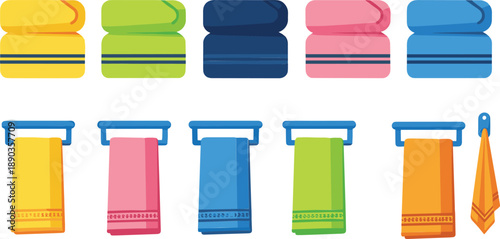 Colorful towel vector set with folded bath towels and hanging bathroom textiles for spa and hygiene illustration