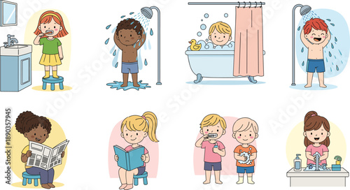 Kids daily hygiene routine activities bathing brushing teeth reading and washing hands vector illustration set