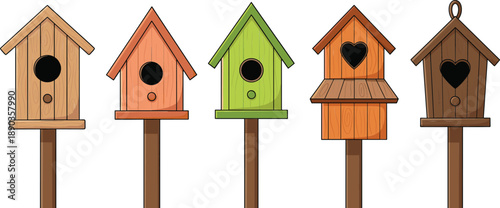 Colorful wooden birdhouse vector set on poles with different shapes and entrance holes garden illustration