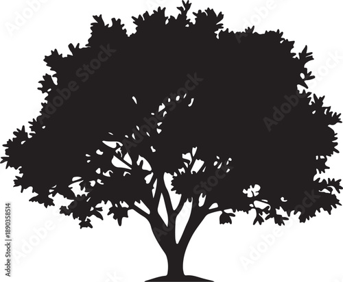 Full bushy tree silhouette vector with thick foliage and dense branches isolated on white background for natural landscape design environmental conservation projects or organic branding logo