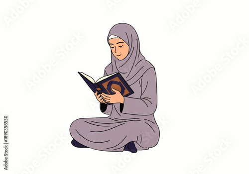 Vector flat design illustration of a woman wearing a hijab sitting cross-legged reading a book with a purple outfit on a white background.