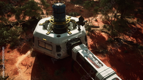 фотографія A high tech habitat sits on a red landscape, surrounded by sparse vegetation