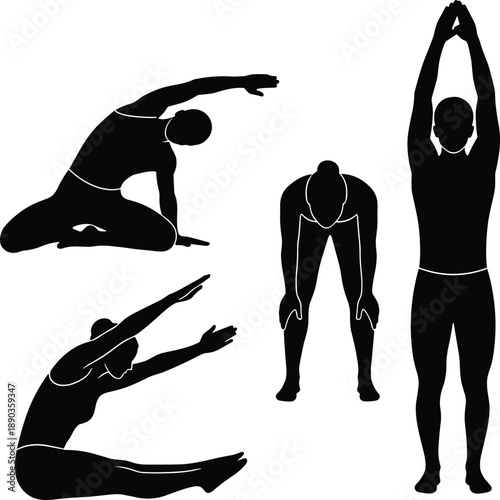 Stretching exercise silhouettes, flexibility pose vector, warm-up routine illustration, fitness movement, physical wellness graphic, flavector