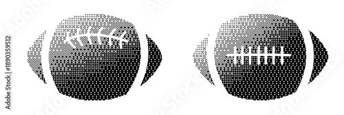 Rugby ball in Bitmap effect, silhouette, black and white, ball icons for American football, set from different angles. For football design, app interface, infographics or game elements. Vector