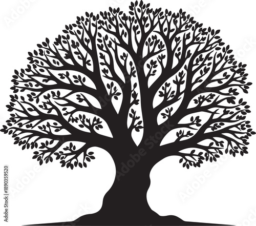 A black tree silhouette with intricate branches and lush leaves standing as a majestic oak symbol for nature growth environment conservation and organic life designs