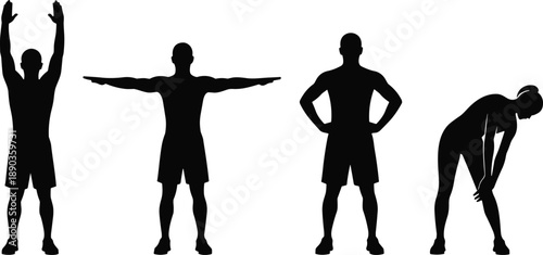 Stretching silhouette poses, warm-up exercise illustration, fitness vector art, body movement icons, flexibility workout graphic, healthy lifestyle design, flavector