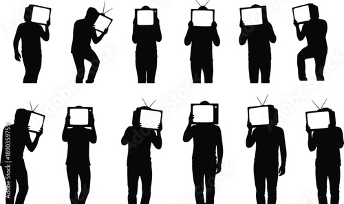People with Television Heads Silhouette Vector Illustration Set, Surreal TV Head Character Collection, Retro Media and Social Technology Concept Graphics