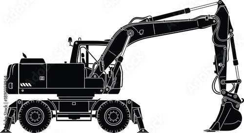 Wheeled excavator silhouette, black vector illustration, construction machinery, hydraulic arm bucket, heavy equipment, digging lifting vehicle, site work, flavector