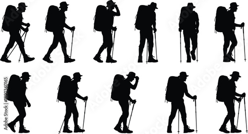 Hiking Man Silhouette Vector Illustration Set, Backpacker Trekking with Walking Sticks, Outdoor Adventure Character Icons for Mountain Climbing Travel Design Project Template