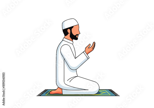 Vector flat design illustration of a man in white robes and cap kneeling on a prayer mat with hands raised in a serene and peaceful atmosphere.