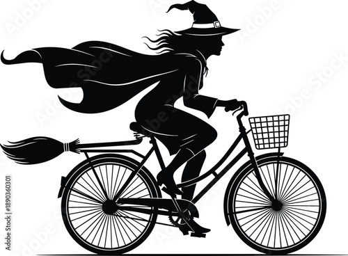 Witch on bicycle, silhouette vector, pointed hat, flying cape, broomstick ride, fantasy transport, Halloween theme, magical motion, black art, whimsical scene