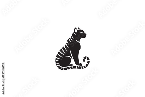 Black and white tiger logo design with stripe patterns on body and tail sitting sideways