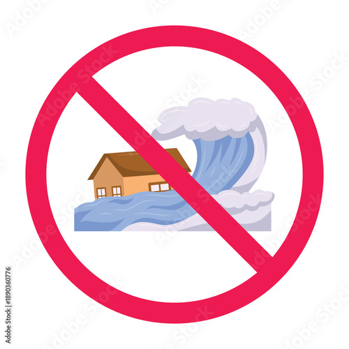 Forbidden sign with tsunami icon, natural disaster tsunami warning sign, tsunami emergency warning icon, tsunami alert symbol