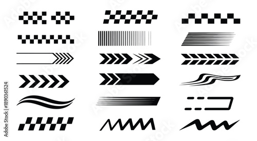 Black racing stripes and car decal vector collection featuring abstract speed motion elements, perfect for vehicle graphics, racing themes, automotive branding, and professional design applications.