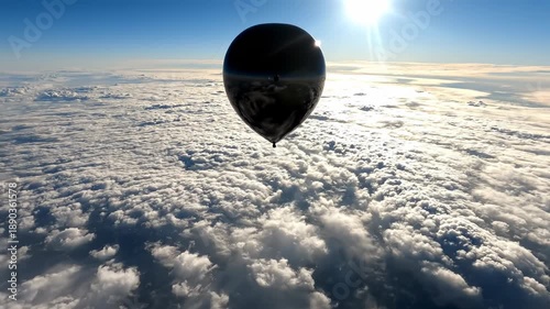 Sweeping drone view tracking a shiny black helium balloon floating high above a massive expanse of textured white and slate gray stratocumulus clouds background, stratocumulus, clouds