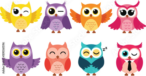 Cute owl cartoon set, colorful bird characters, flat vector icons, kawaii animals, isolated on white, playful mascot illustration collection