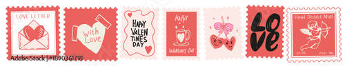 Love and Romance Hand Drawn Stamp Set with Cute Doodles, Hearts, Cupid, Coffee, Love Letter and Postage Style Illustrations