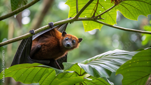 Twilight Guardian The Watchful Fruit Bat Among Forest Leaves